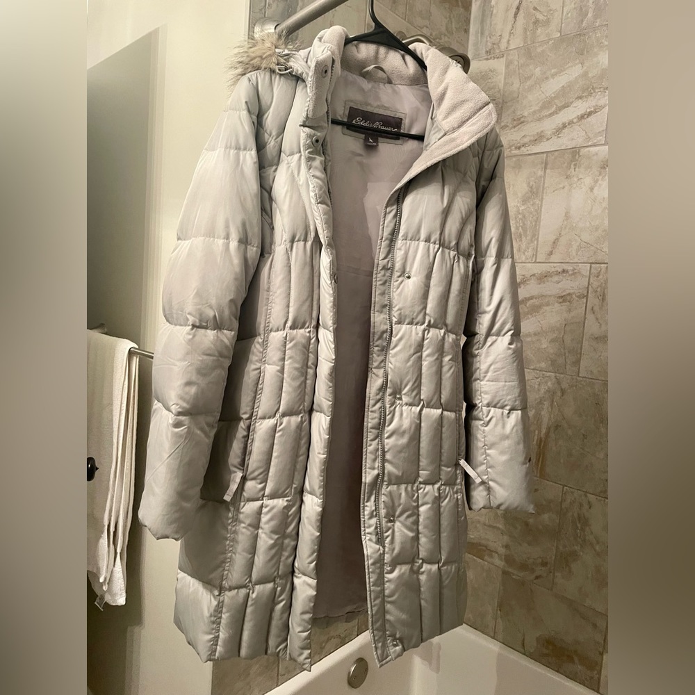 Eddie Bauer Light Gray Quilted Puffer Coat with Hood